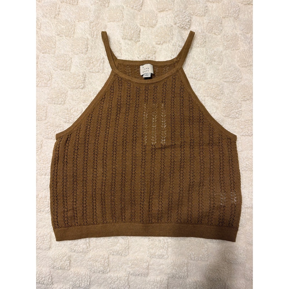 A New Day Pointelle Knit Tank Top Womens Size Medium Brown Halter Sleeveless NWT